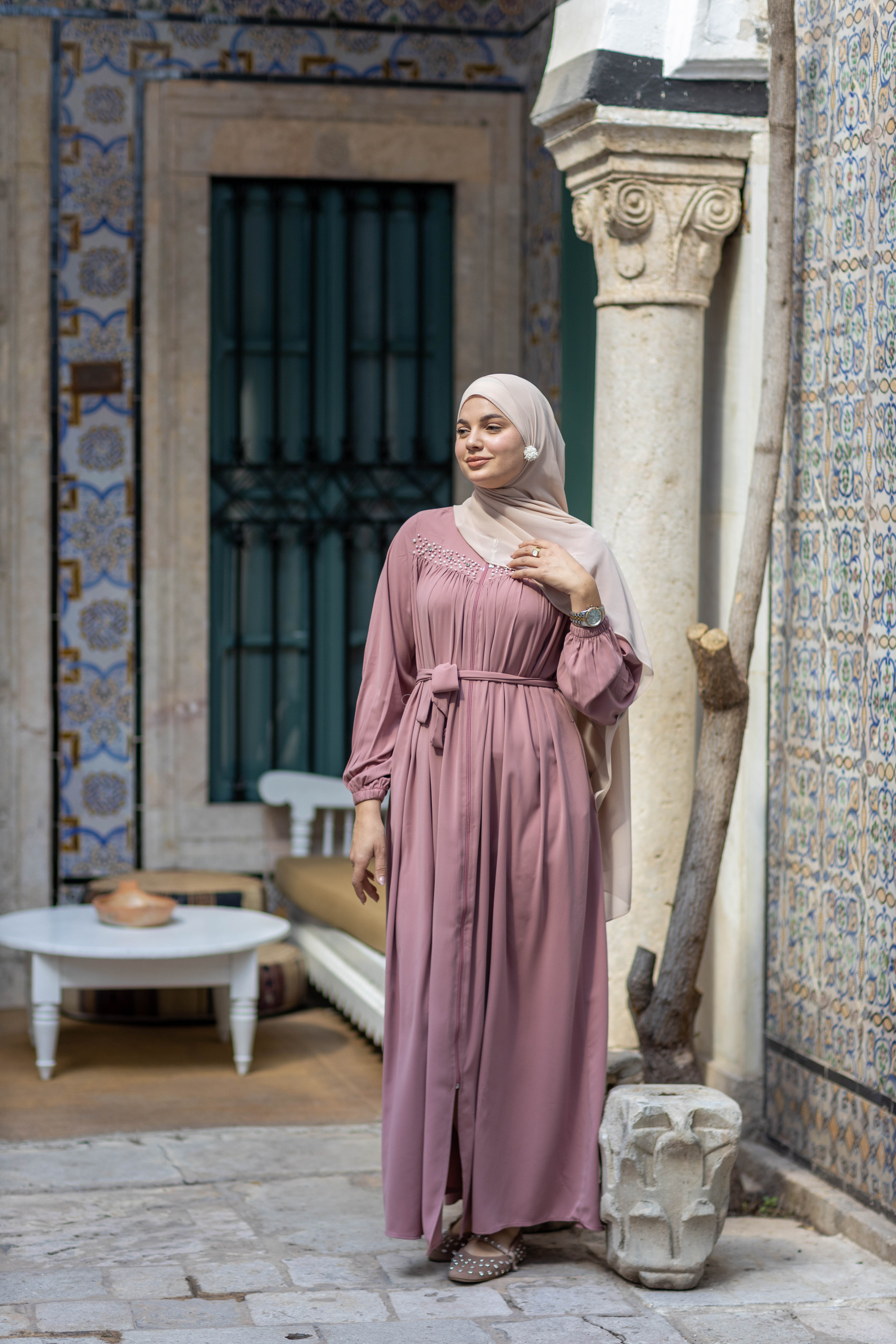 Abaya Perles Rose